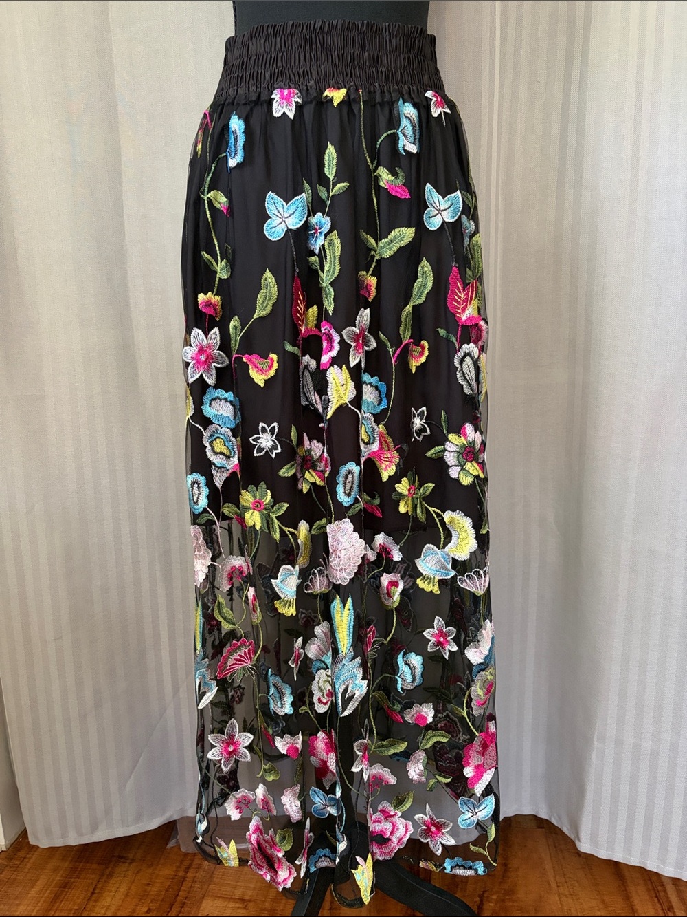 Black Floral Embroidered Maxi Skirt w/Black Mini Skirt Lining